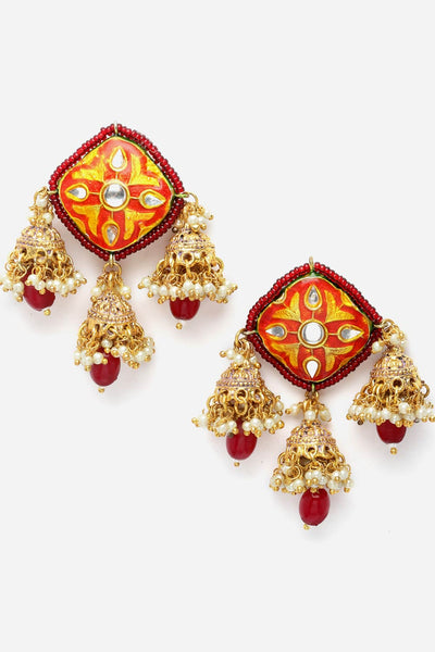 Arsheen Yellow & Orange Ceramic Kundan with Pearls Necklace and Earrings Set