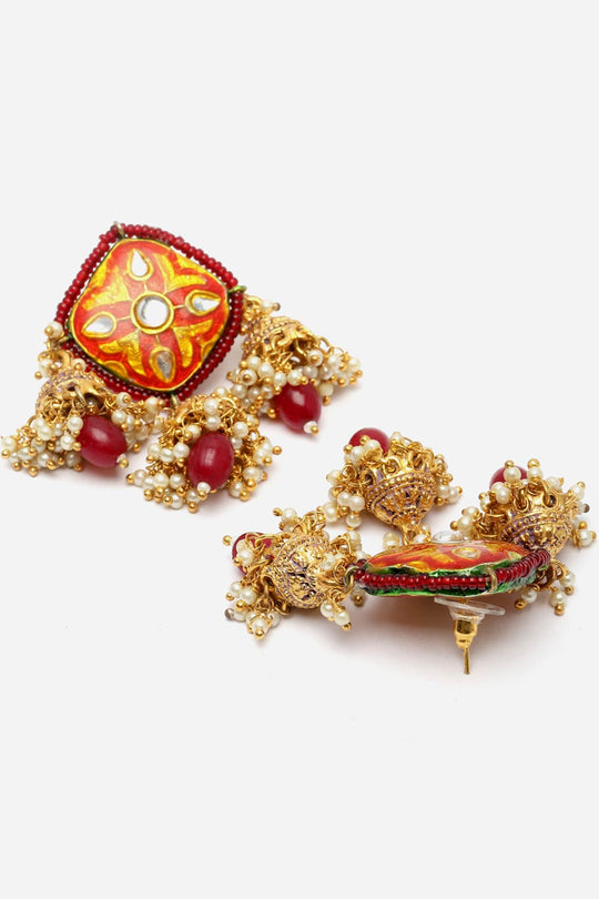 Arsheen Yellow & Orange Ceramic Kundan with Pearls Necklace and Earrings Set