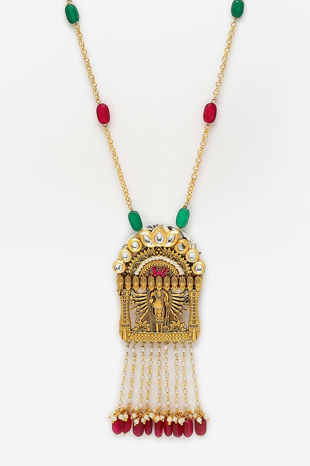 Roshni Red & Green Gold-Plated Kundan with Pearls Haar Necklace