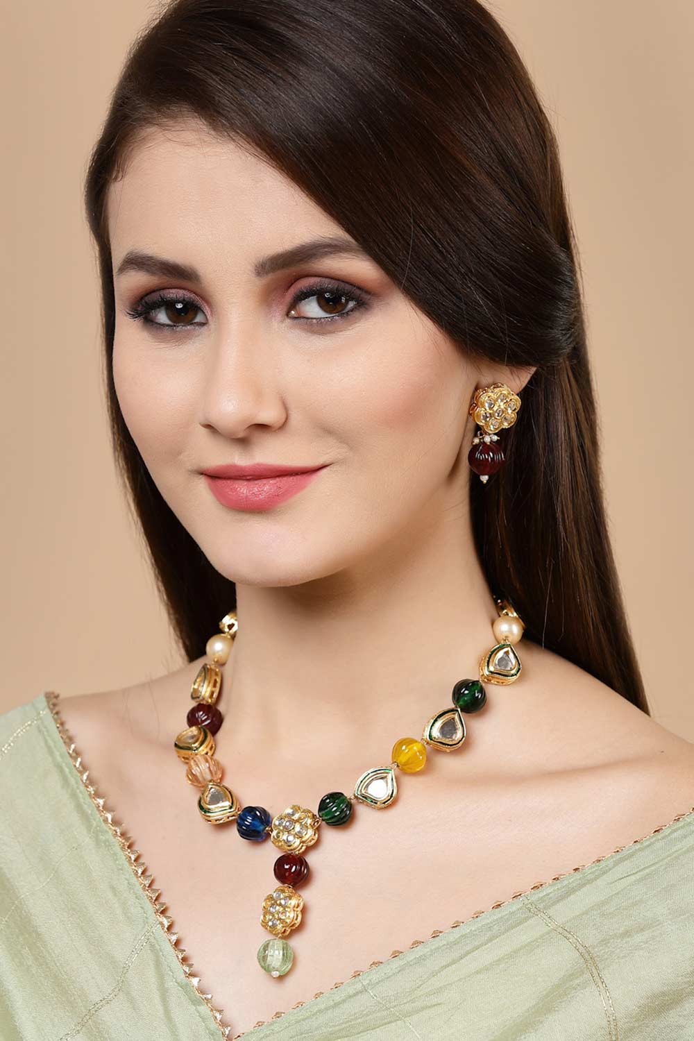 Siyara Red & Blue Gold-Plated Kundan with Pearls Bead Necklaces