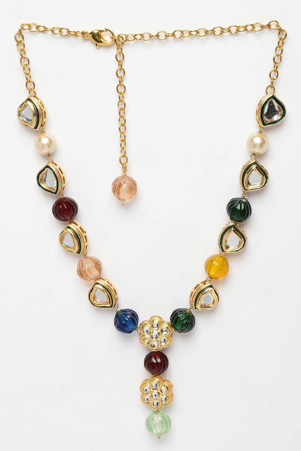 Siyara Red & Blue Gold-Plated Kundan with Pearls Bead Necklaces