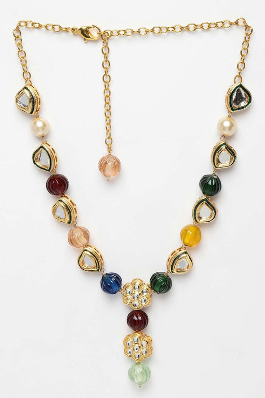 Siyara Red & Blue Gold-Plated Kundan with Pearls Bead Necklaces