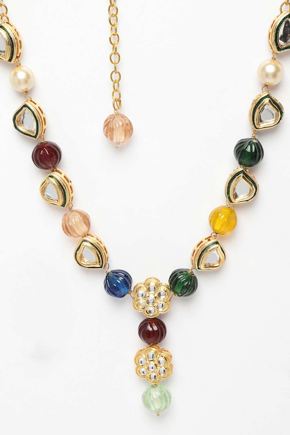 Siyara Red & Blue Gold-Plated Kundan with Pearls Bead Necklaces