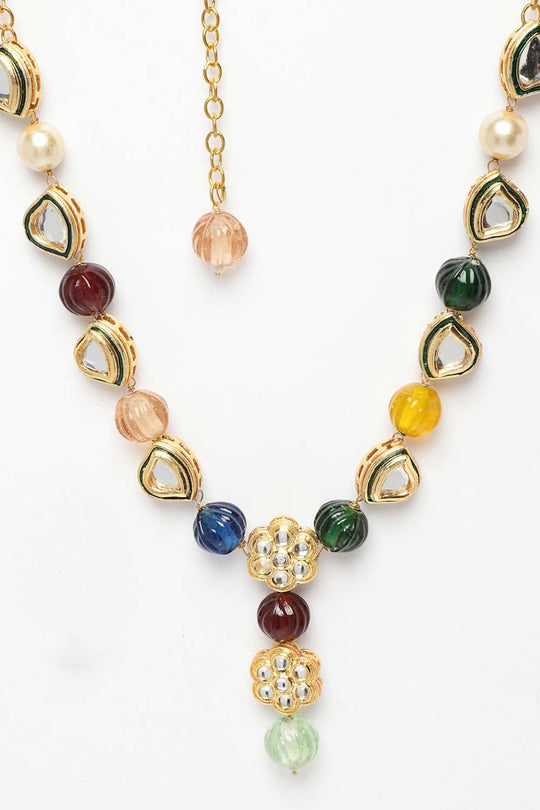 Siyara Red & Blue Gold-Plated Kundan with Pearls Bead Necklaces