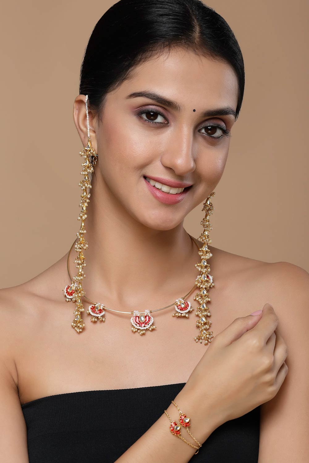 Alohi Red & Gold Kundan with Pearls Lotus Necklace