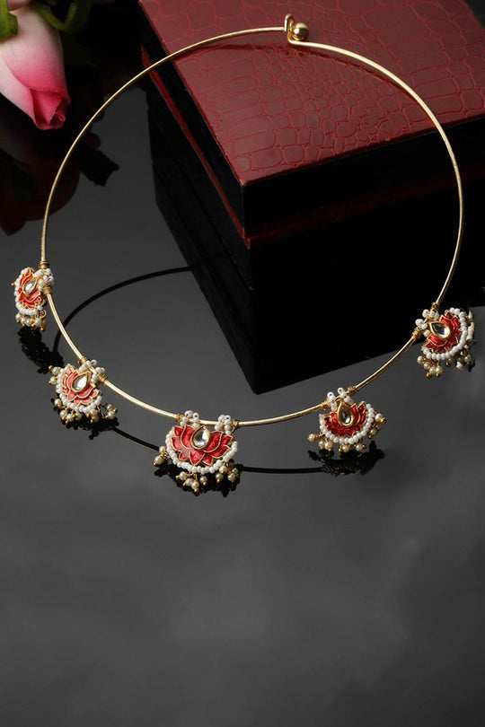 Alohi Red & Gold Kundan with Pearls Lotus Necklace