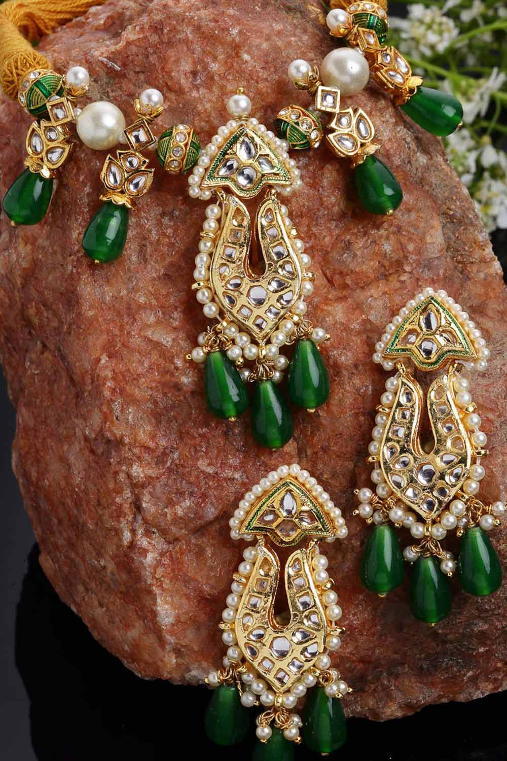 Bhaswati Green & Orange Gold-Plated Kundan with Pearls Necklace and Earrings Set