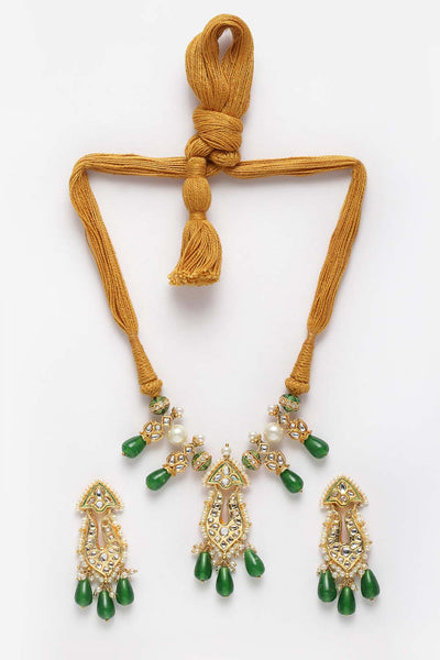 Bhaswati Green & Orange Gold-Plated Kundan with Pearls Necklace and Earrings Set