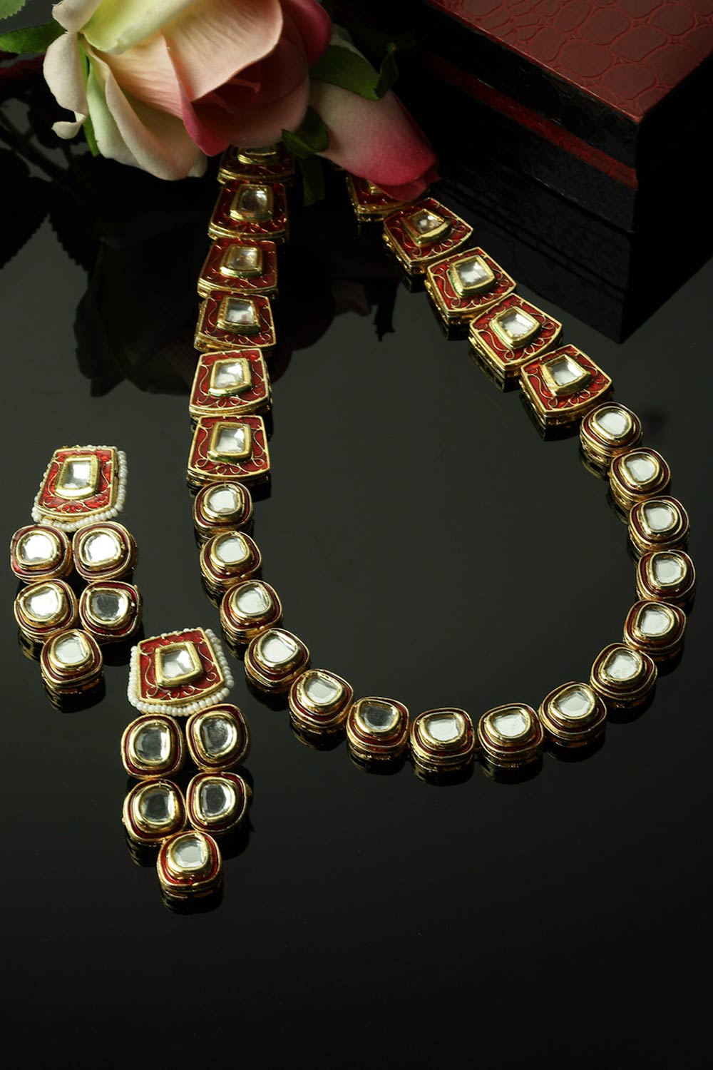 Camran Red & Gold Kundan with Pearl and Ruby Necklace and Earrings Set