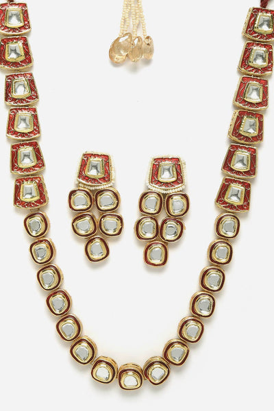 Camran Red & Gold Kundan with Pearl and Ruby Necklace and Earrings Set