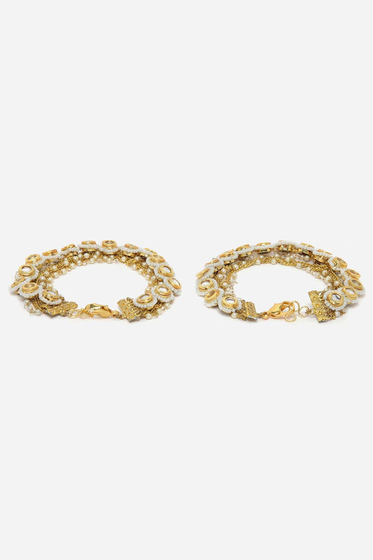 Neli Gold & White Kundan And Pearls Adjustable Anklet