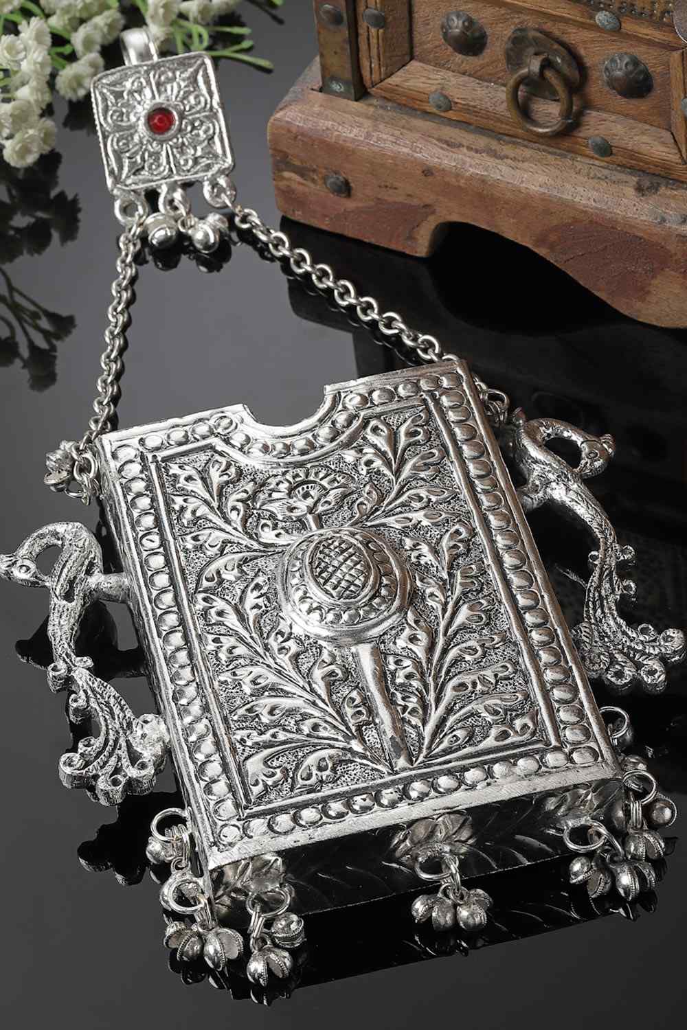 Azhar Silver Mobile Holder With Pearls and Ghungaroo
