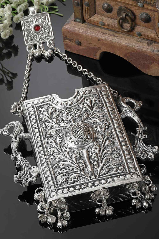 Azhar Silver Mobile Holder With Pearls and Ghungaroo