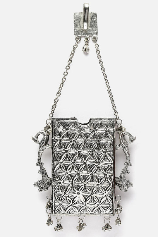 Azhar Silver Mobile Holder With Pearls and Ghungaroo