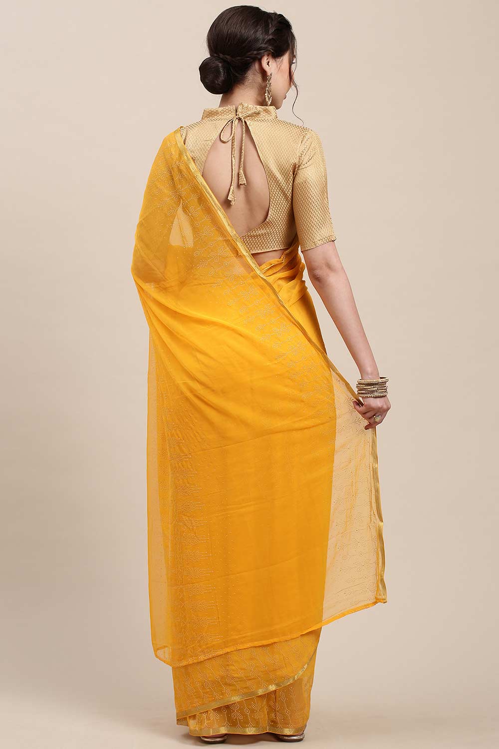 Buy Yellow Embellished Chiffon One Minute Saree Online - Back