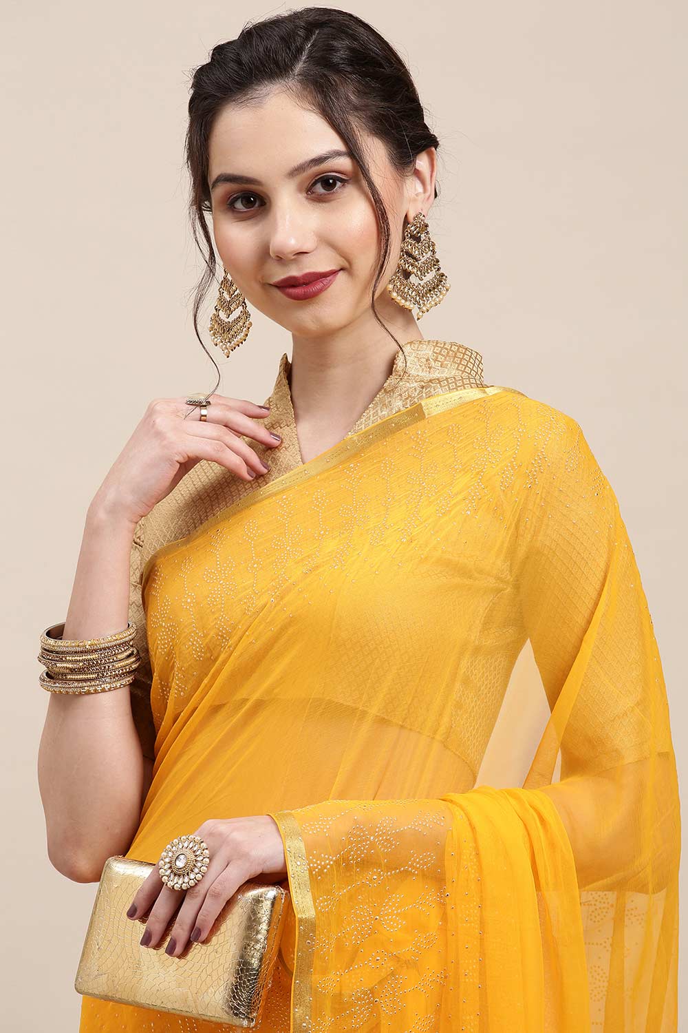 Buy Yellow Embellished Chiffon One Minute Saree Online - Front