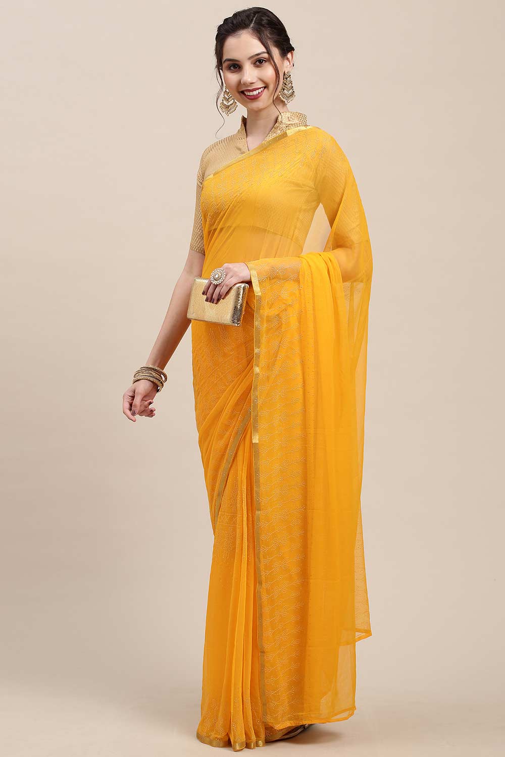 Buy Yellow Embellished Chiffon One Minute Saree Online - Zoom In