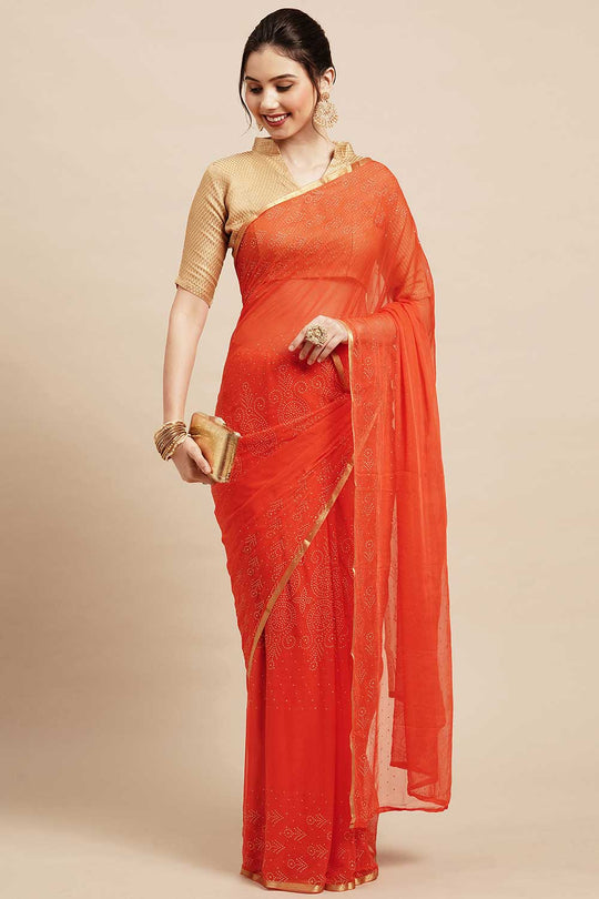 Sita Orange Chiffon Floral Embellished One Minute Saree