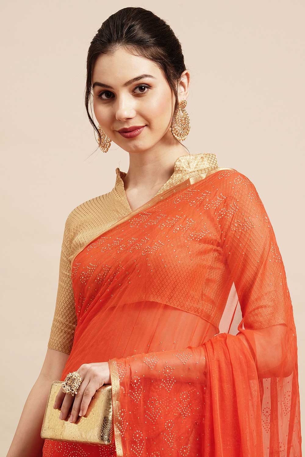 Sita Orange Chiffon Floral Embellished One Minute Saree