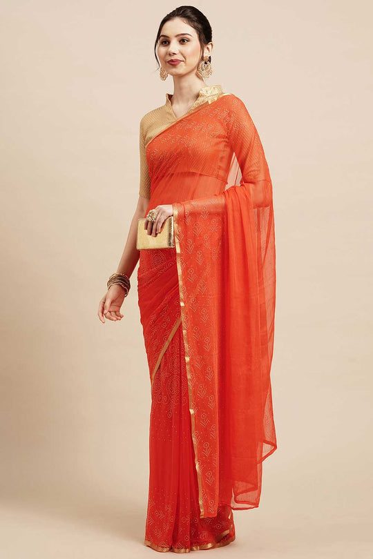 Sita Orange Chiffon Floral Embellished One Minute Saree