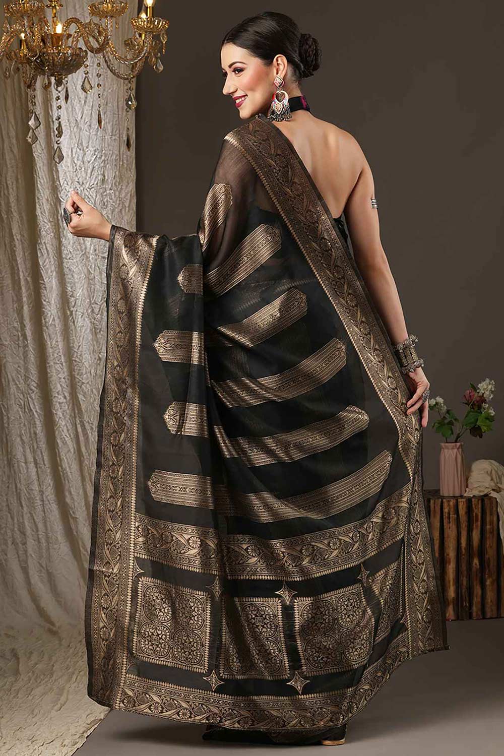 Mindy Black Cotton Silk Striped Woven Design Banarasi One Minute Saree