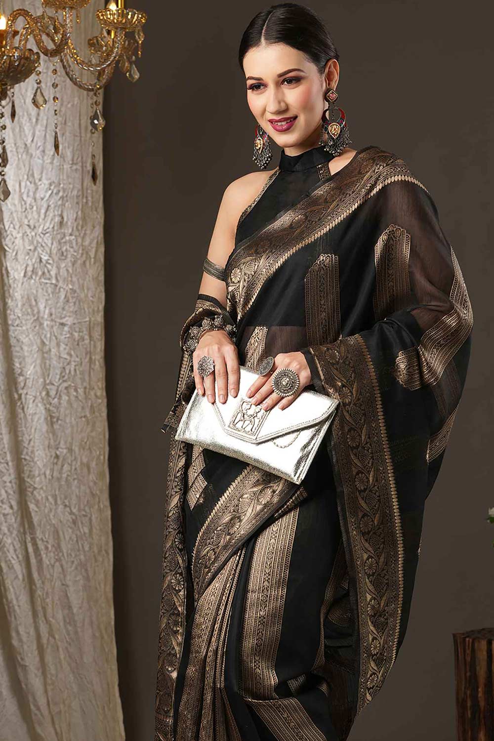 Mindy Black Cotton Silk Striped Woven Design Banarasi One Minute Saree