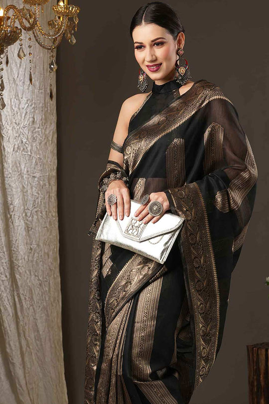 Mindy Black Cotton Silk Striped Woven Design Banarasi One Minute Saree