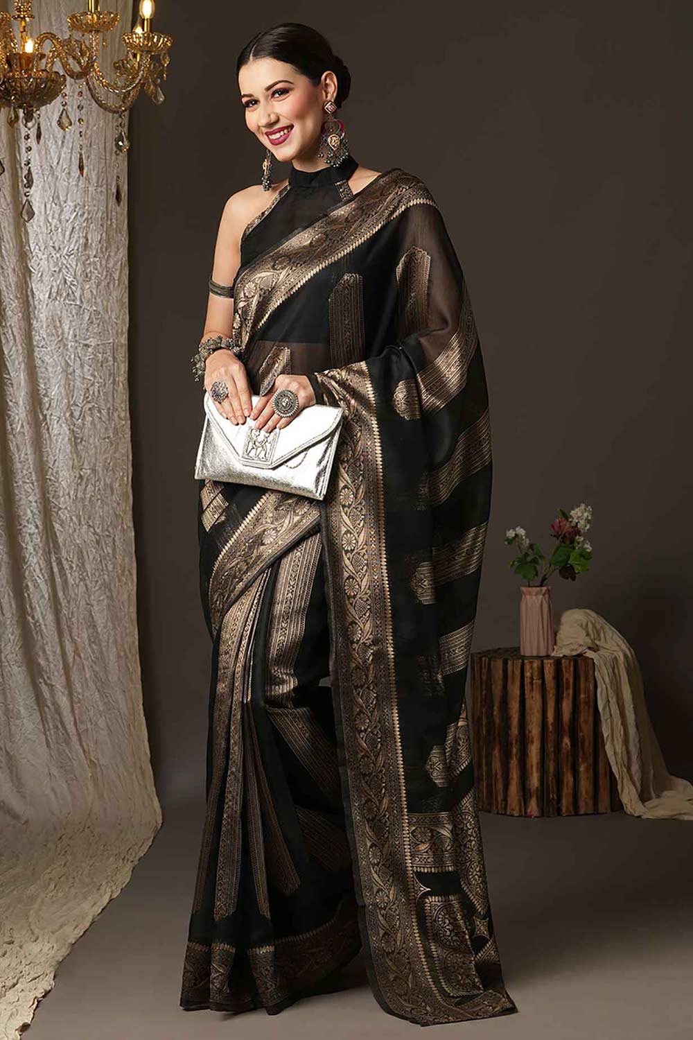 Mindy Black Cotton Silk Striped Woven Design Banarasi One Minute Saree