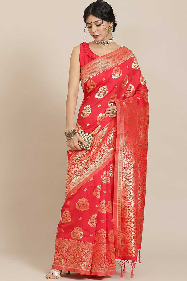 Saliya Red Silk Blend Bagh Dharmavaram One Minute Saree