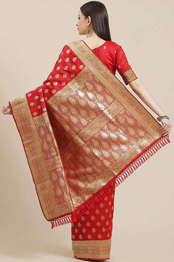 Sophie Red Silk Blend Floral Woven Design Dharmavaram One Minute Saree