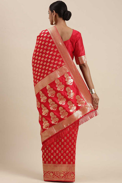 Buy Silk Blend Floral Saree in Red Online - Back