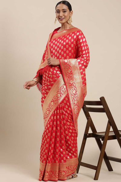 Buy Silk Blend Floral Saree in Red Online - Zoom In