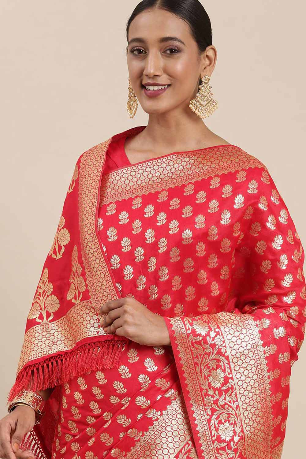Buy Silk Blend Floral Saree in Red Paatern Design