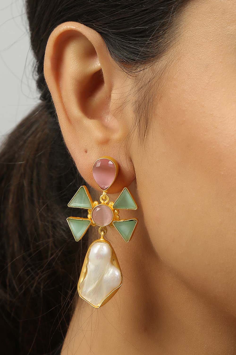 Jazara Pink & Green Monalisa Stone and Baroque Pearl Earrings