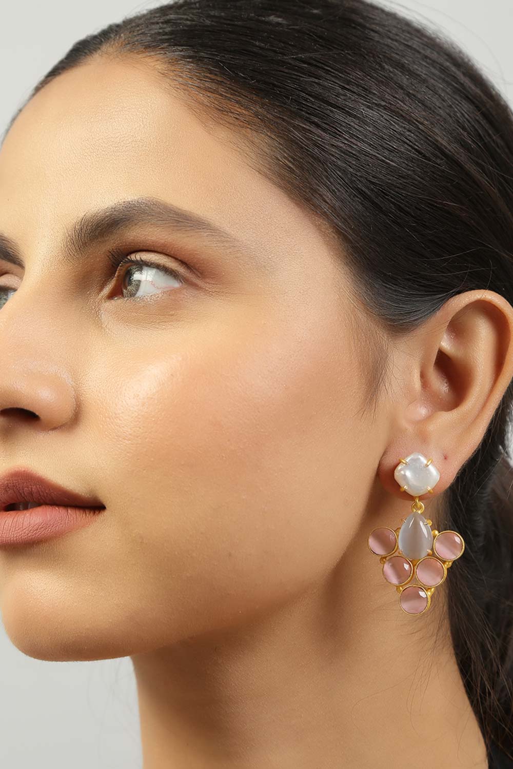 Rukia Grey & Pink Monalisa Stone and Fresh Water Pearl Earrings