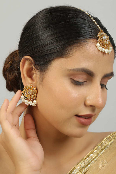 Ujas Kundan Floral Earrings with Maang Tikka Set