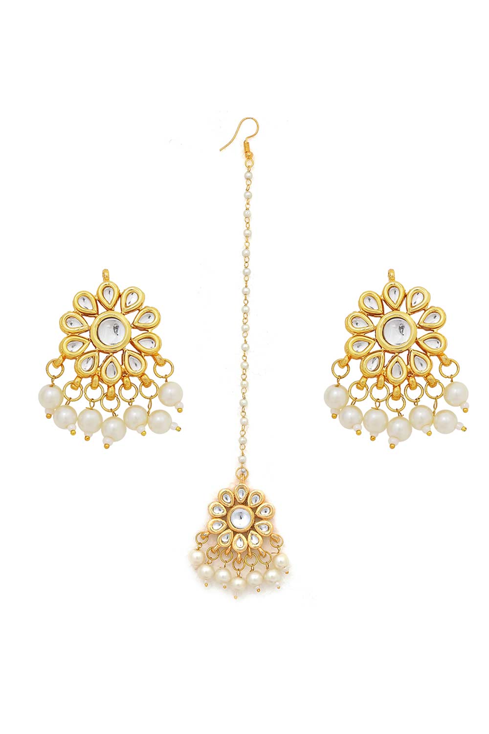 Ujas Kundan Floral Earrings with Maang Tikka Set