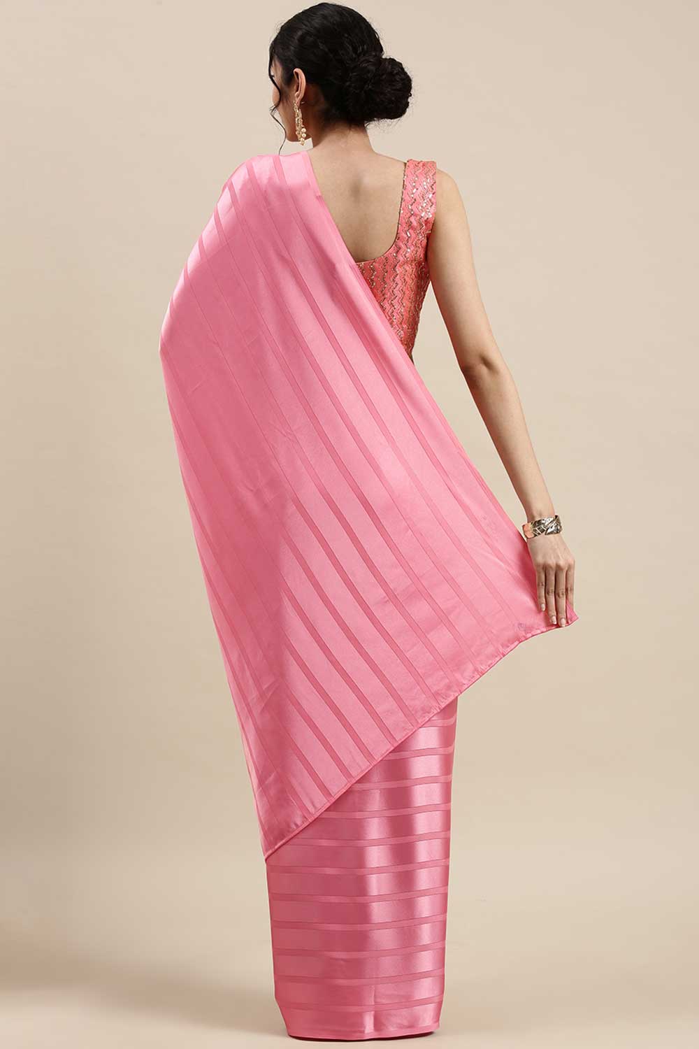 Buy Satin Striped Saree in Pink Online - Back