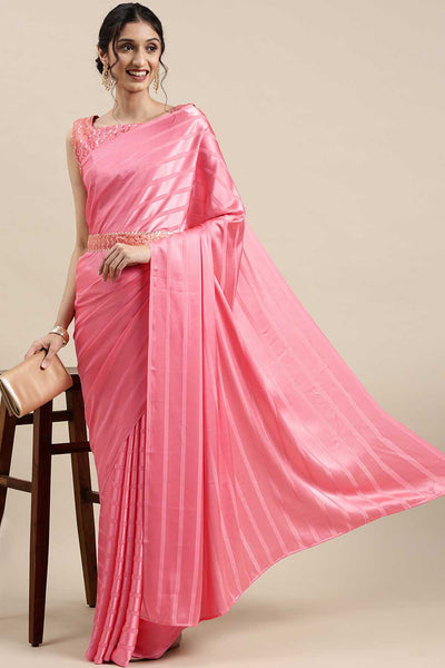 Buy Satin Striped Saree in Pink Online - Zoom In