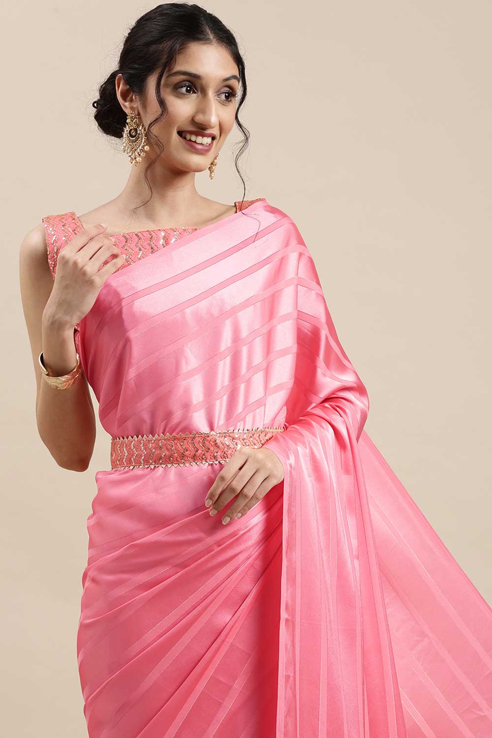 Buy Satin Striped Saree in Pink Paatern Design