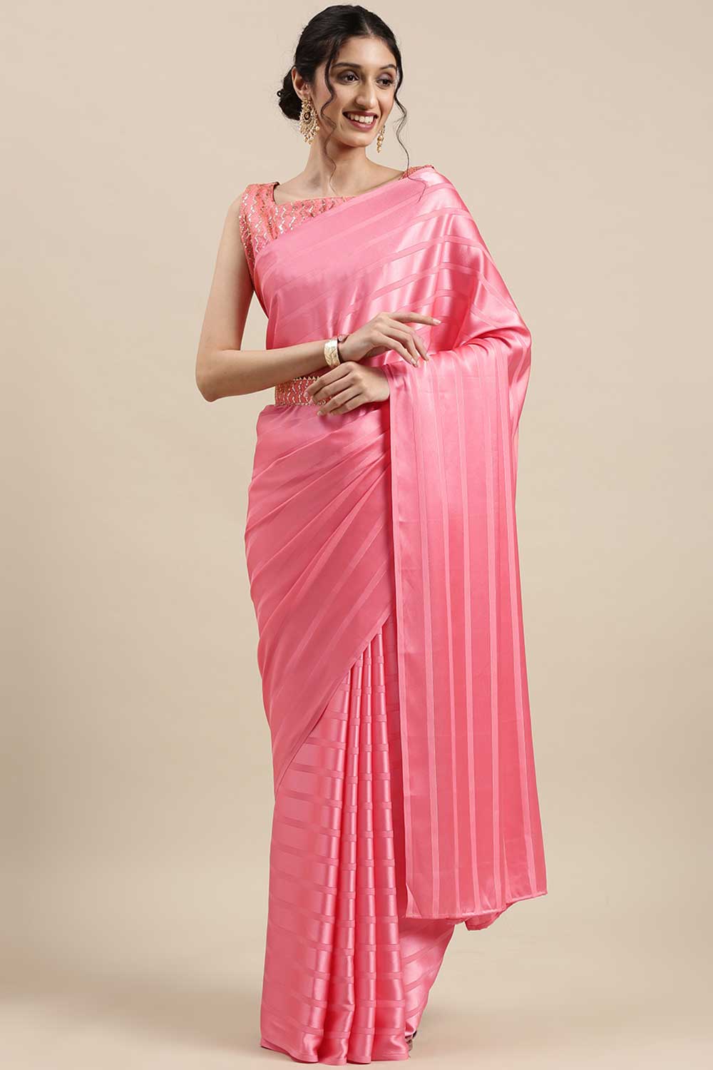 Buy Satin Striped Saree in Pink Online