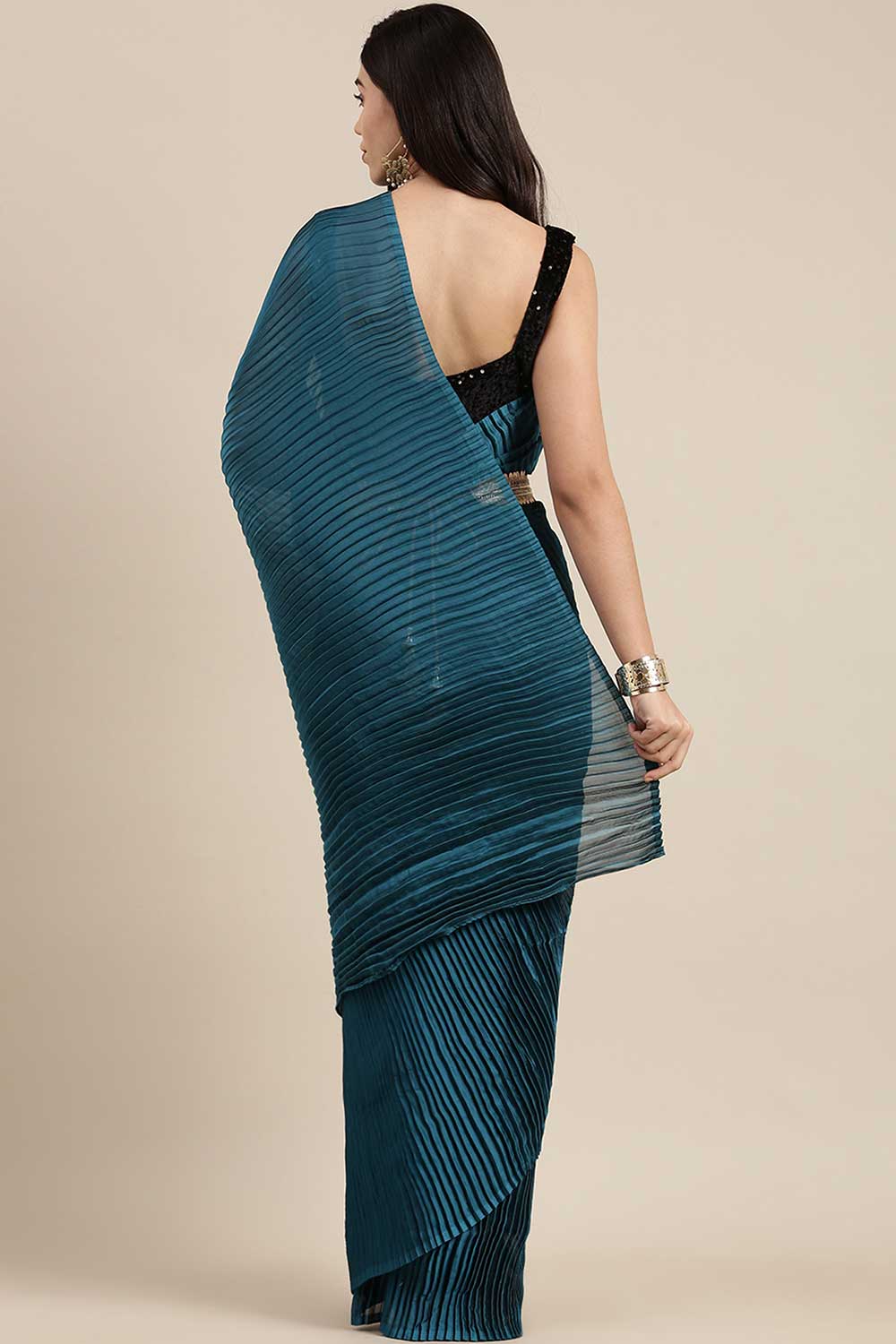 Buy Georgette Solid Saree in Teal blue Online - Back