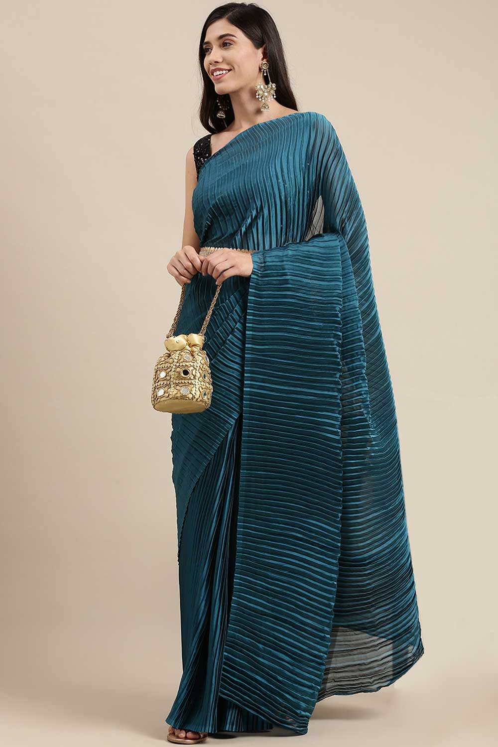 Buy Georgette Solid Saree in Teal blue Online - Zoom In