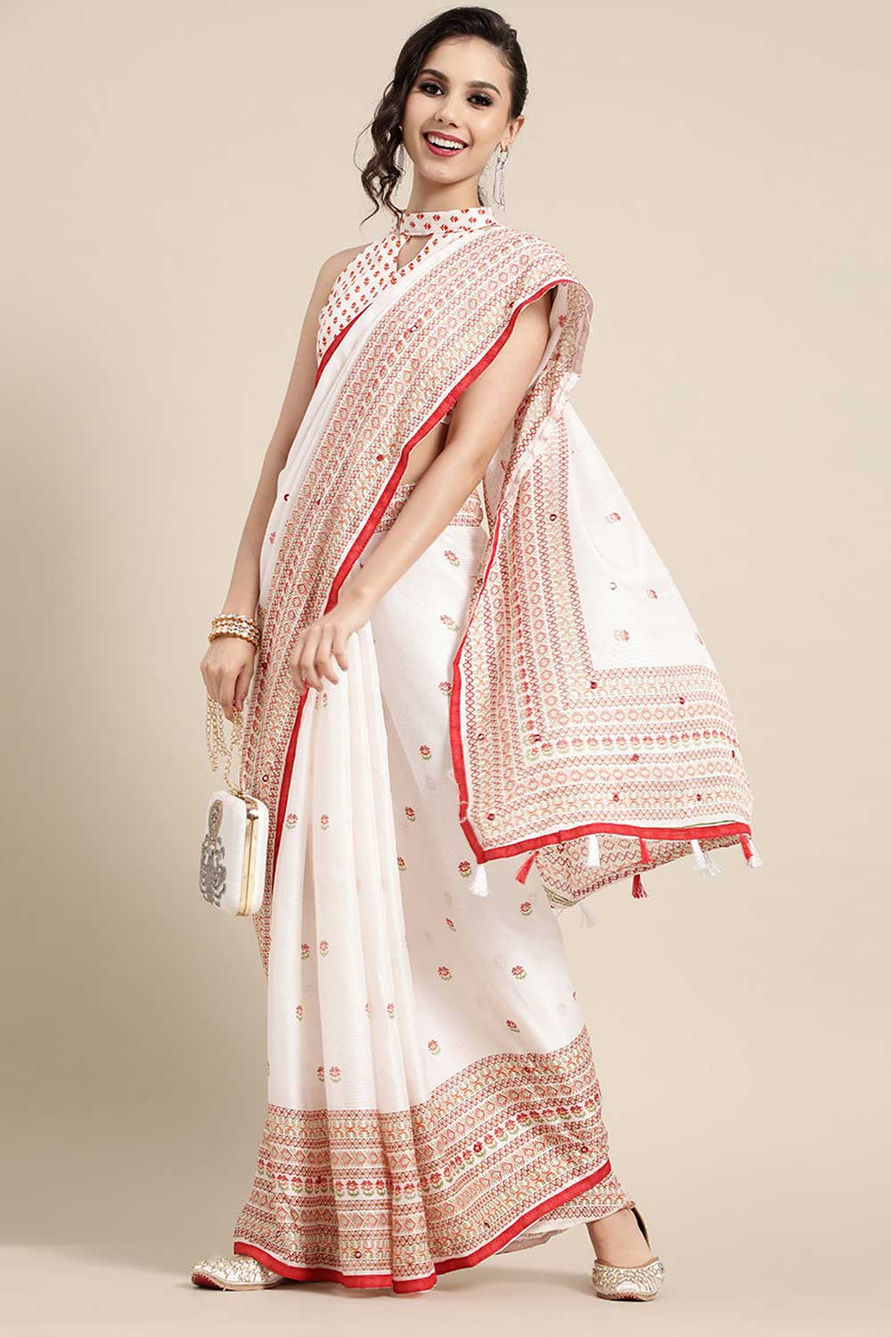 Janvi White Jute Silk Floral Embellished Banarasi One Minute Saree