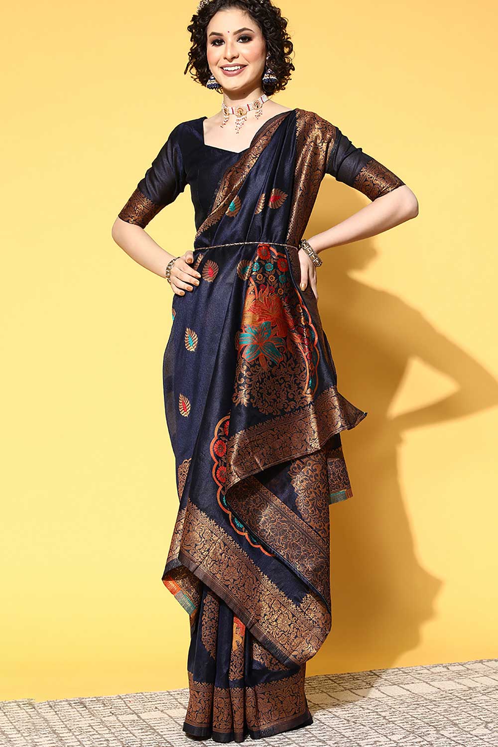 Miriam Navy Blue Silk Blend Floral Woven Design One Minute Saree