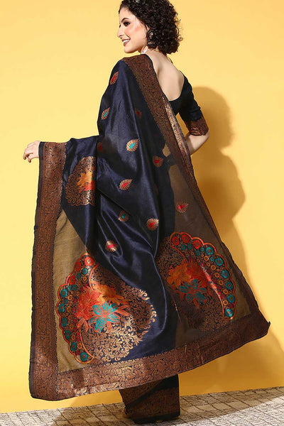 Miriam Navy Blue Silk Blend Floral Woven Design One Minute Saree