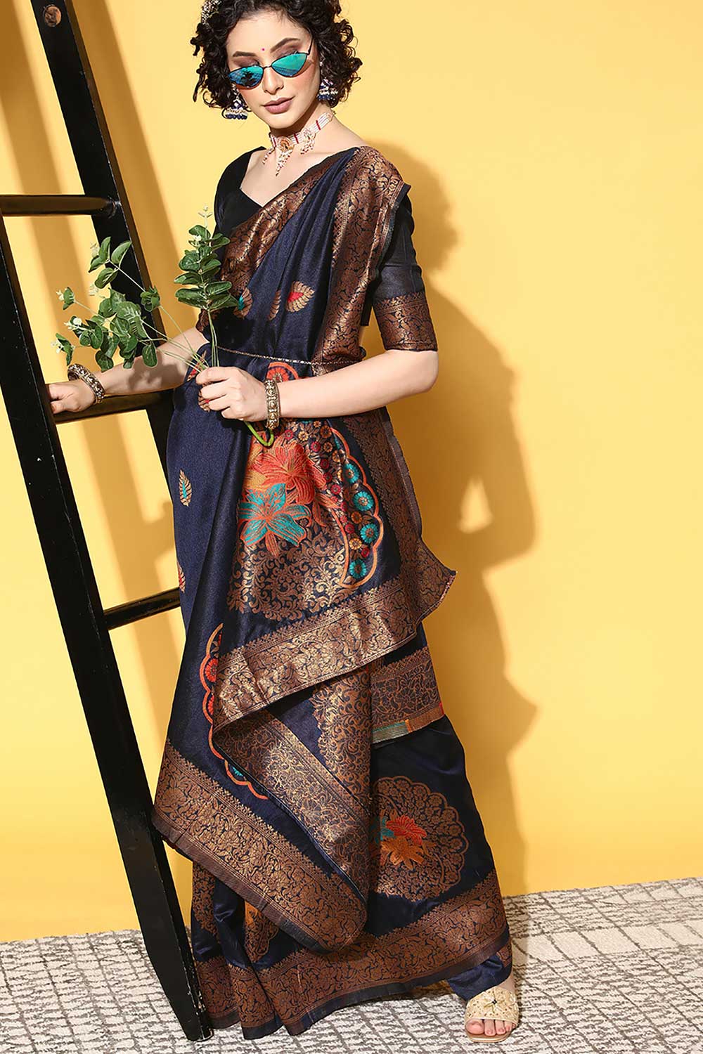 Miriam Navy Blue Silk Blend Floral Woven Design One Minute Saree