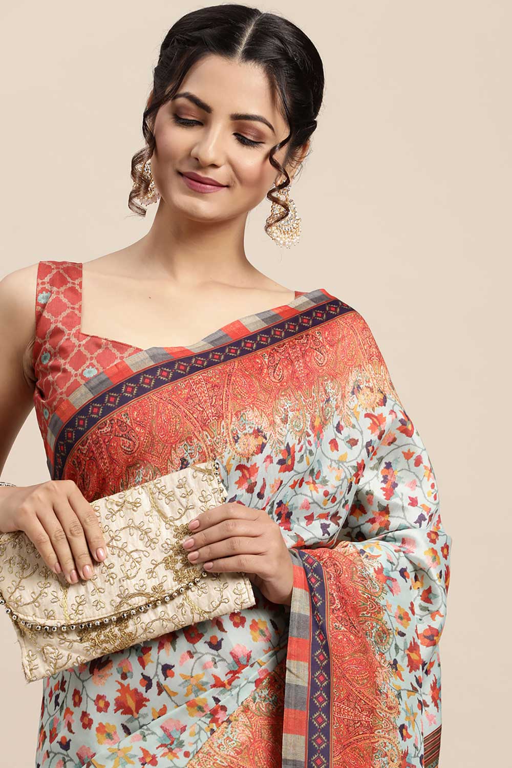 Shilpa Sea Green Poly Silk Paisley Print Pochampally One Minute Saree