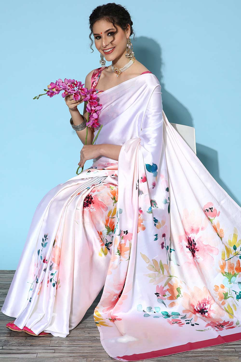 Ella Crepe Peach Digital Print One Minute Saree