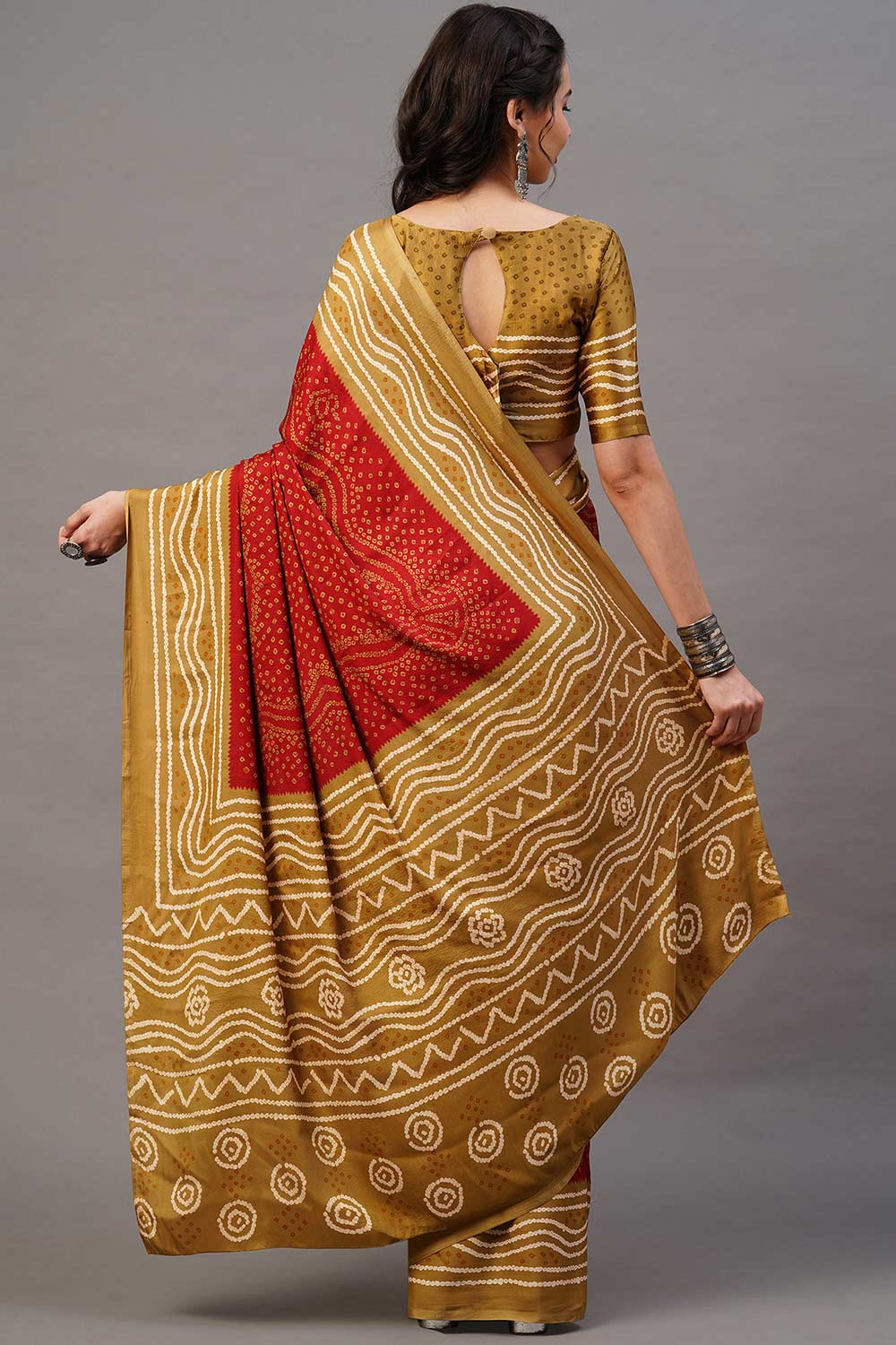 Buy Red Tie Dye Printed Satin Silk One Minute Saree Online - Back